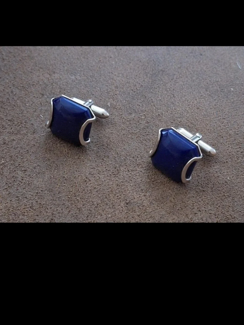 Exquisite Rare HTF Vintage Mid Century Silver Frame Swank Blue Glass Cufflinks